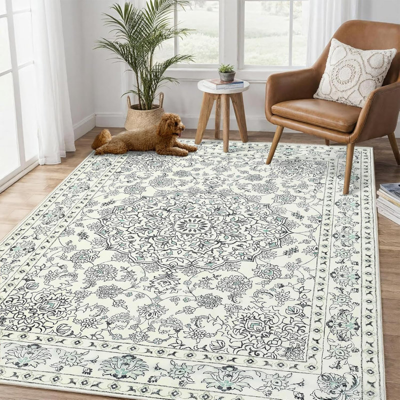 Washable Vintage Area Rug - Non-Slip Low Pile Carpet for Living Room, Bedroom & Dining Room, Water Repellent Design