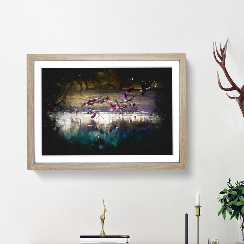 Flamingos Taking Flight - Picture Frame Graphic Art Print, 62cm H x 87cm W x 2cm D, Oak Framed