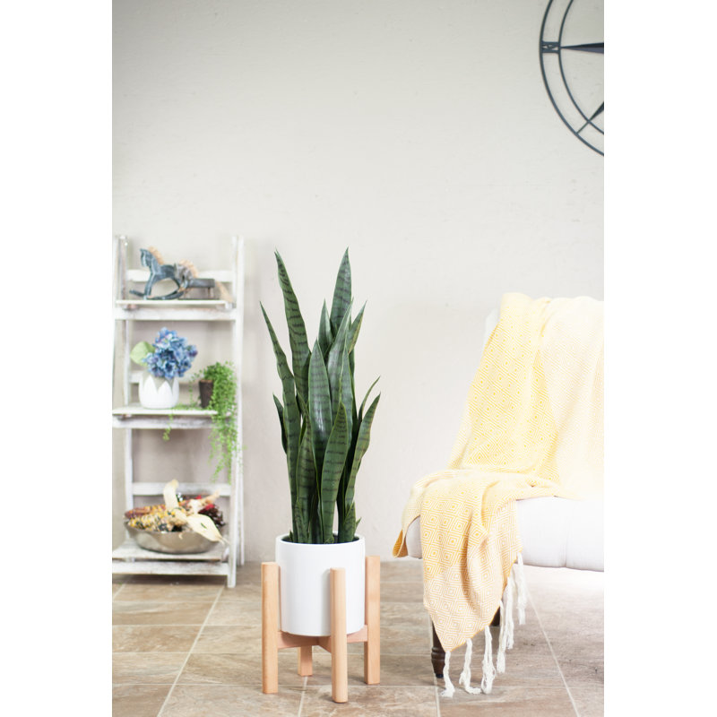 Jardinière en céramique Baraka, H 11 po x l 8,1 po x P 8,1 po (support inclus), Blanc / Naturel