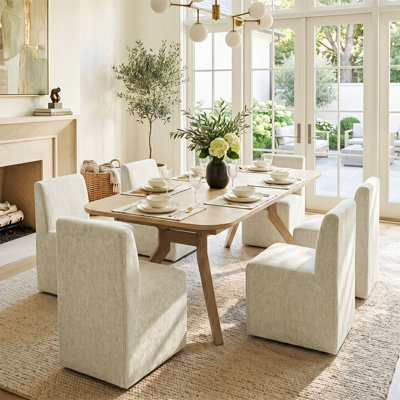 96" Extendable Dining Table Set with 6 Chenille Upholstered Dining Chairs with Casters