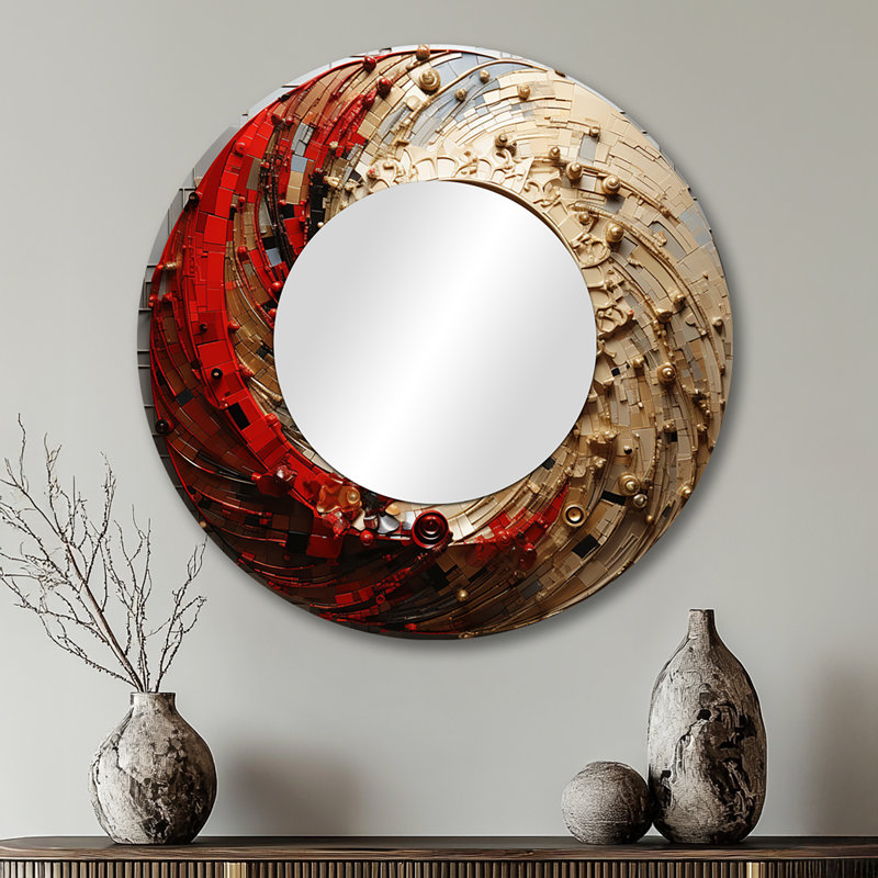 Or rouge, minimalisme spirale poteries I - miroir mural abstrait en spirale, miroir décoratif rond doré, impression d'art en métal