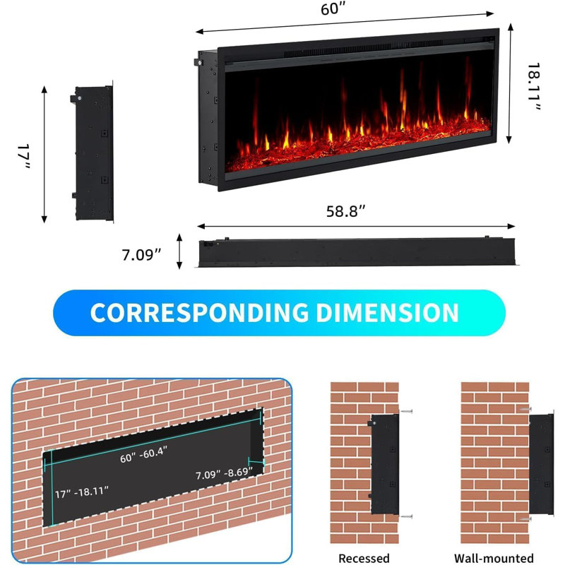 Electric Fireplace Insert - 750/1500W Recessed Wall Mount Heater with Remote, Adjustable Flame, Timer