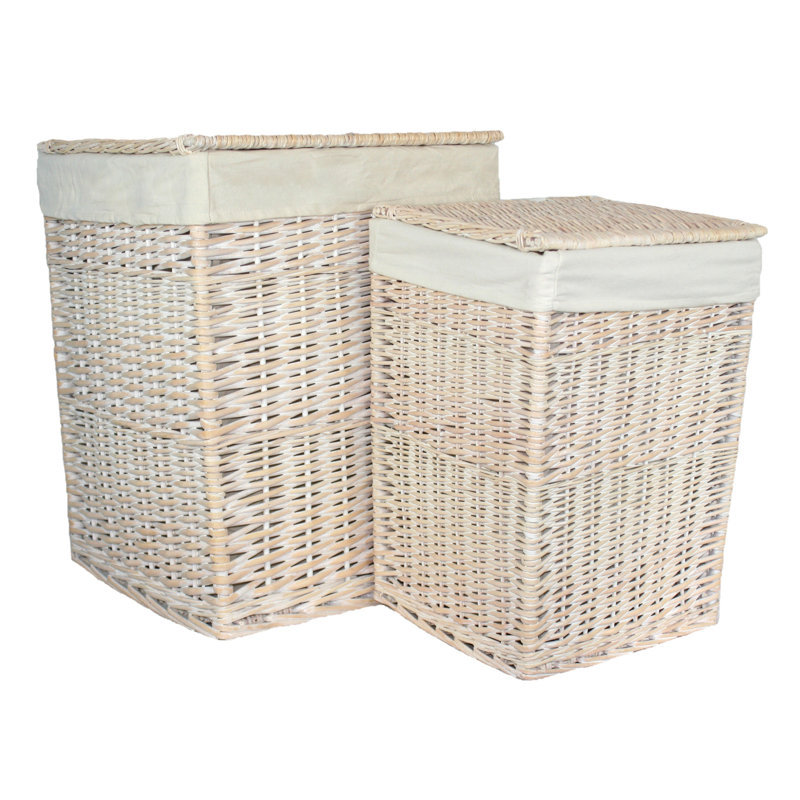 2 Piece Wicker Lined Laundry Basket Set, White Wash