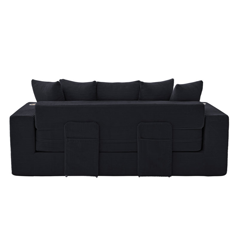 Canapé-lit convertible 2-en-1, canapé moderne, canapé de plancher pliant, velours côtelé, 5 coussins, poche latérale, porte-gobelets, appartement, bureau personnel, sans assemblage, 3 sièges, noir