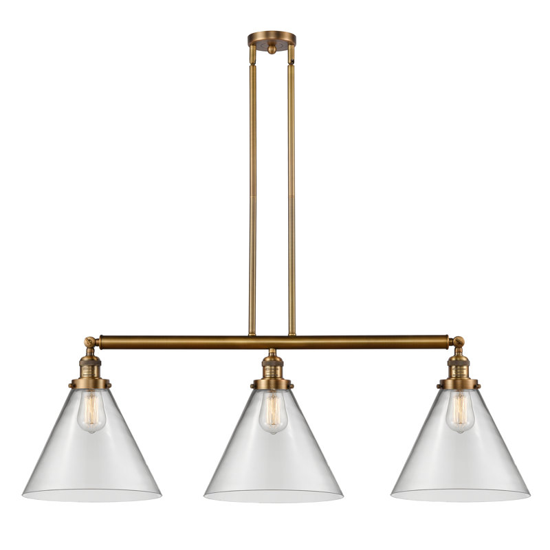 Luminaire suspendu linéaire à 3 lumières pour îlot de cuisine Lemmon, Transparent, Laiton brossé, Ampoule non incluse