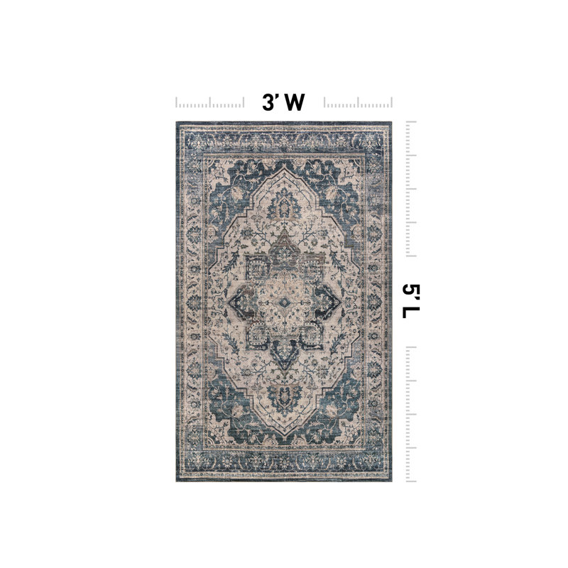 Tapis bleu marine antidérapant rétro, 3 pi x 5 pi