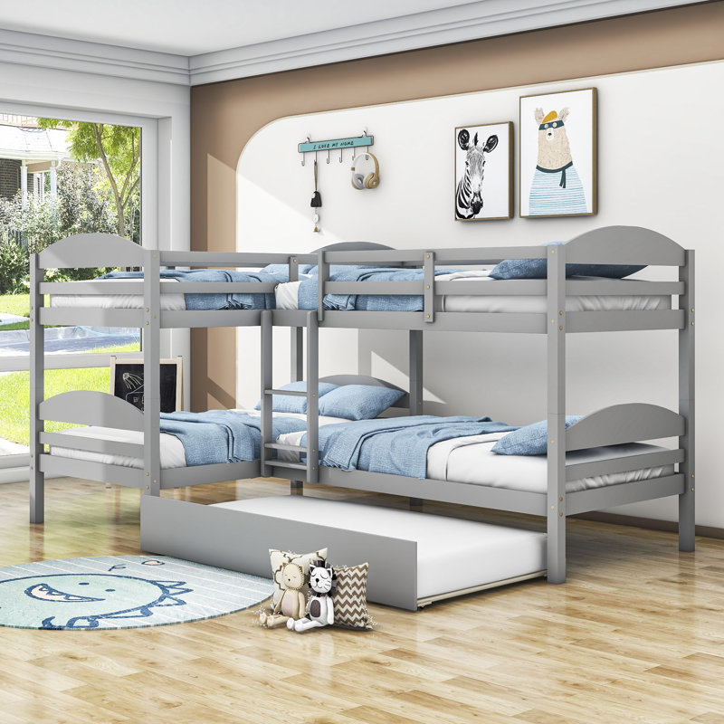 Twin-Over-Twin and Twin L-Shaped Wood Bunk Bed With Trundle, Gray