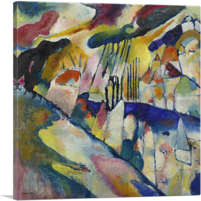 «Landscape with Rain 1913» par Wassily Kandinsky - reproduction d'art sur toile tendue, H 12 po x l 12 po x P 1,5 po