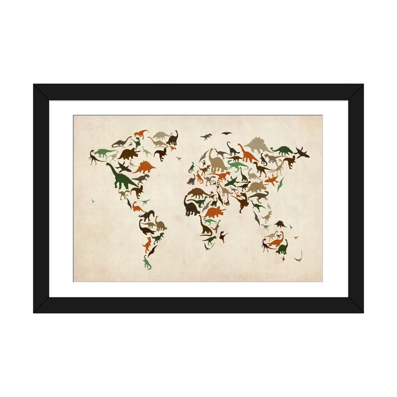 «Dinosaurus Map of the World III», impression sur toile, H 16 po x l 24 po x P 1 po, Papier d'art encadré noir, Blanc