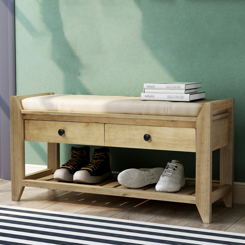 Banc de rangement polyvalent pour chaussures avec siège rembourré et tiroirs, Gris délavé