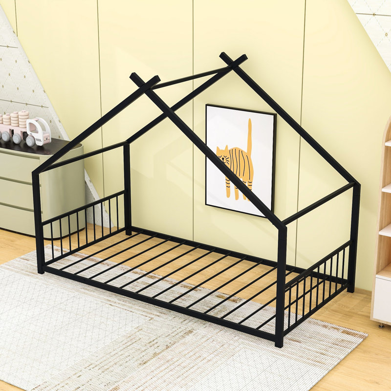 House Bed With Playhouse Design And Headboard, Twin, Black