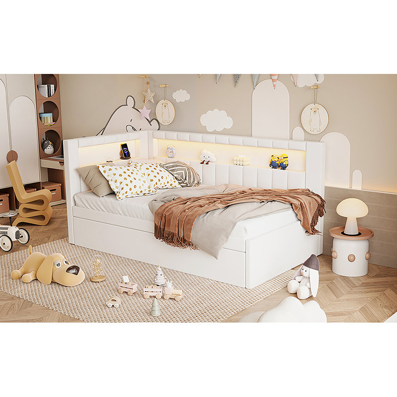 Upholstered Twin Size Platform Bed With USB Ports And LED Belt, With Trundle, White, White