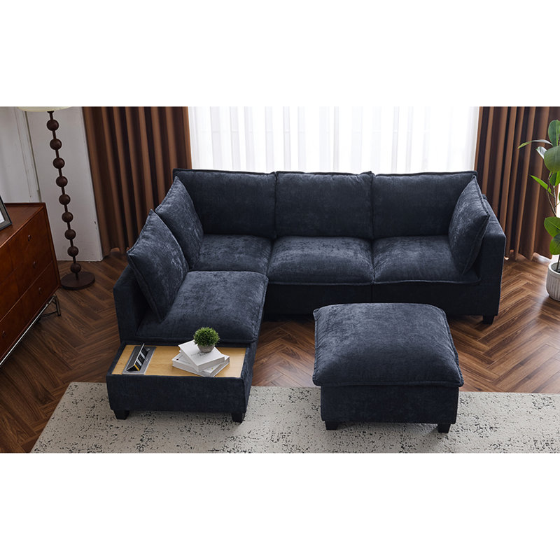 Blue 90" Sectional With Movable & Coffee Table. Hidden Charging Socket, Padded Delight, Long-Lasting Beauty Increase U-Shaped , Blue. Facility, Comfortable Cushions, Seating
