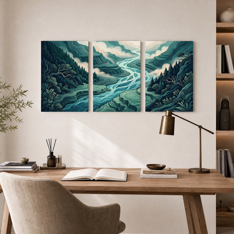 Ensemble de 3 toiles murales représentant une rivière sinueuse turquoise dans un canyon boisé, 30"H x 20"W x 3pcs