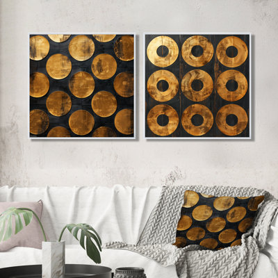 Gold Black Abstract Sphere Symmetry III - Abstract Wall Decor - Modern Wall Art 2 Piece