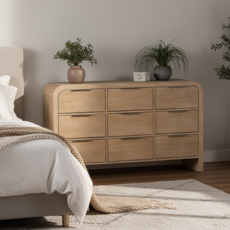 Commode Rexa, 9 tiroirs, bois brun naturel, poignées en métal