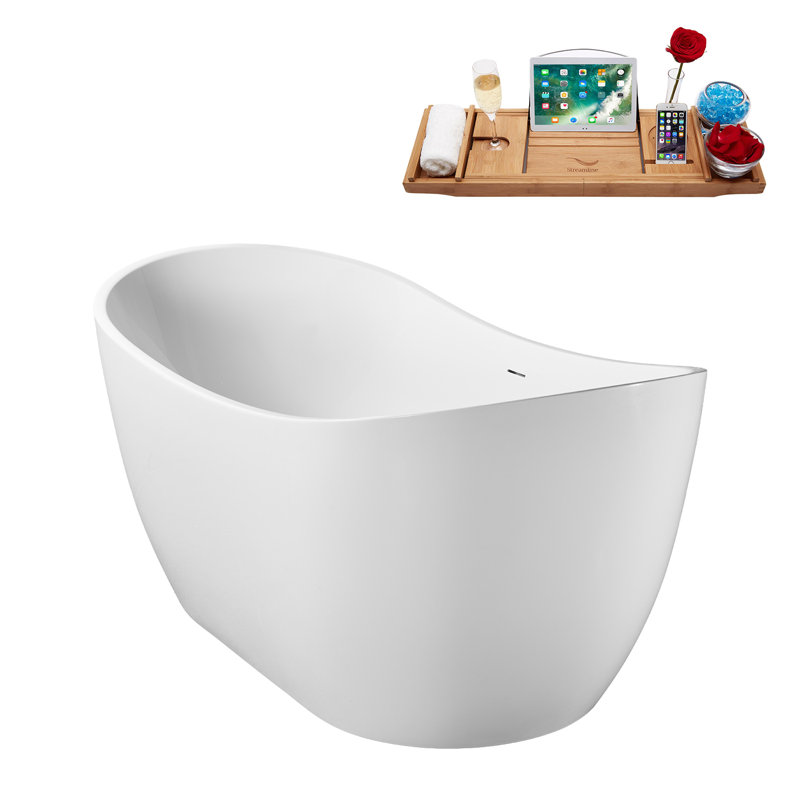 63" Streamline Soaking Glossy White Freestanding Tub With Internal Drain in Brushed Brass