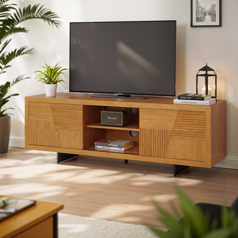 Trapeze TV Stand Solid Wood Teak Brown for Stylish Home Entertainment Setup, Teak Brown