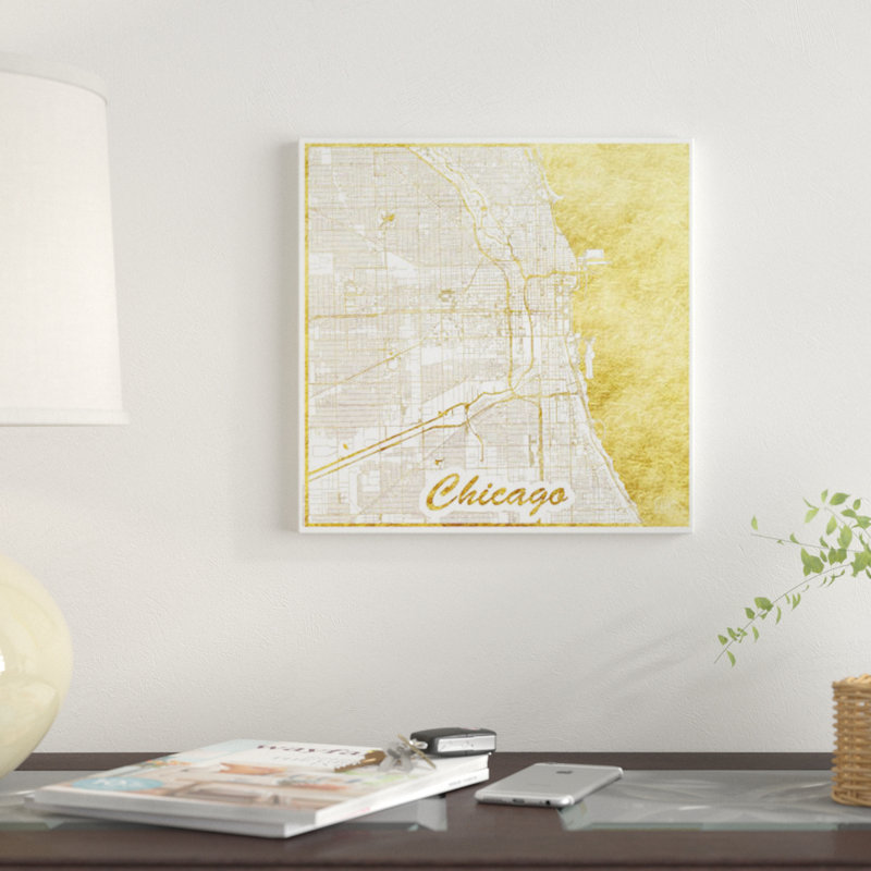 « chicago gold feuille urban blueprint map », reproduction d’impression sur toile, H 37 po x l 37 po x P 1,5 po, Toile tendue