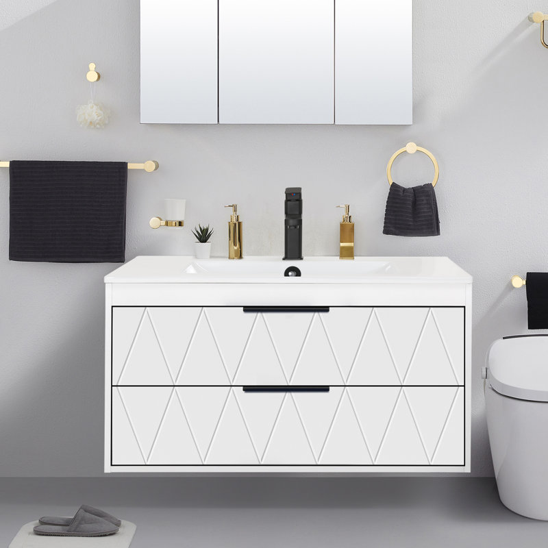 Ensemble de meuble-lavabo mural flottant de 36 po avec plateau d'évier Ciarra Makowski, robinet en alliage de zinc, tiroirs à fermeture en douceur