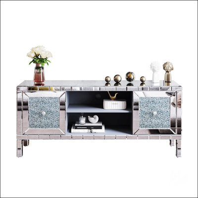 Mirrored TV Stand With Crushed Diamond Glass Doors, A Modern And Functional Media Entertainment Center For Living Room With Adjustable Storage