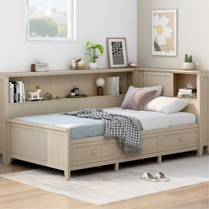 Twin Wood Daybed With Shelves And 3 Drawers, Antique White, Solid Construction, No Box Spring White Multi Wood, Needed, Twin