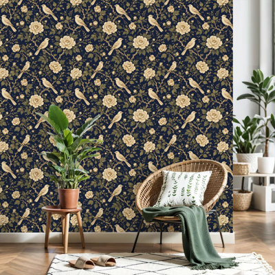 Papier peint auto-adhésif mural, oiseaux dorés, pivoines, fleurs, bleu foncé, rétro
