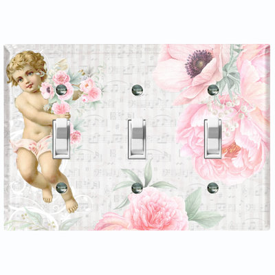 Metal Light Switch Plate Outlet Cover (Valentine Angel Cupid Vintage Cherub Flowers Pink  - Single Toggle)