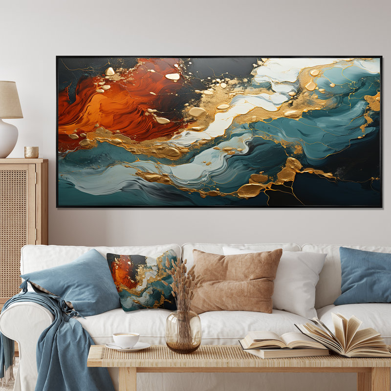 Tempête de marbre bleu et doré I - art mural abstrait, Cadre flottant noir, H 28 po x l 60 po x P 1,5 po