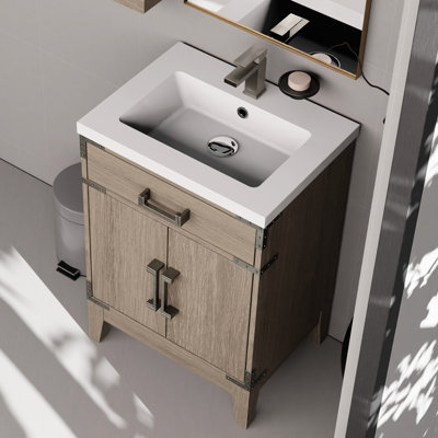 Grey Oak 24"W X 18"D Bath Vanity With Acrylic Countertop & Mirror - Soft Close, Sufficient Interior Storage Area Single 24X18, Top Rich Cabinet