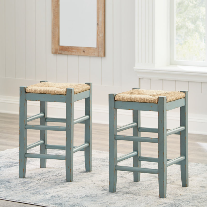 Teal Wood Backless Counter Stool with Woven Seat