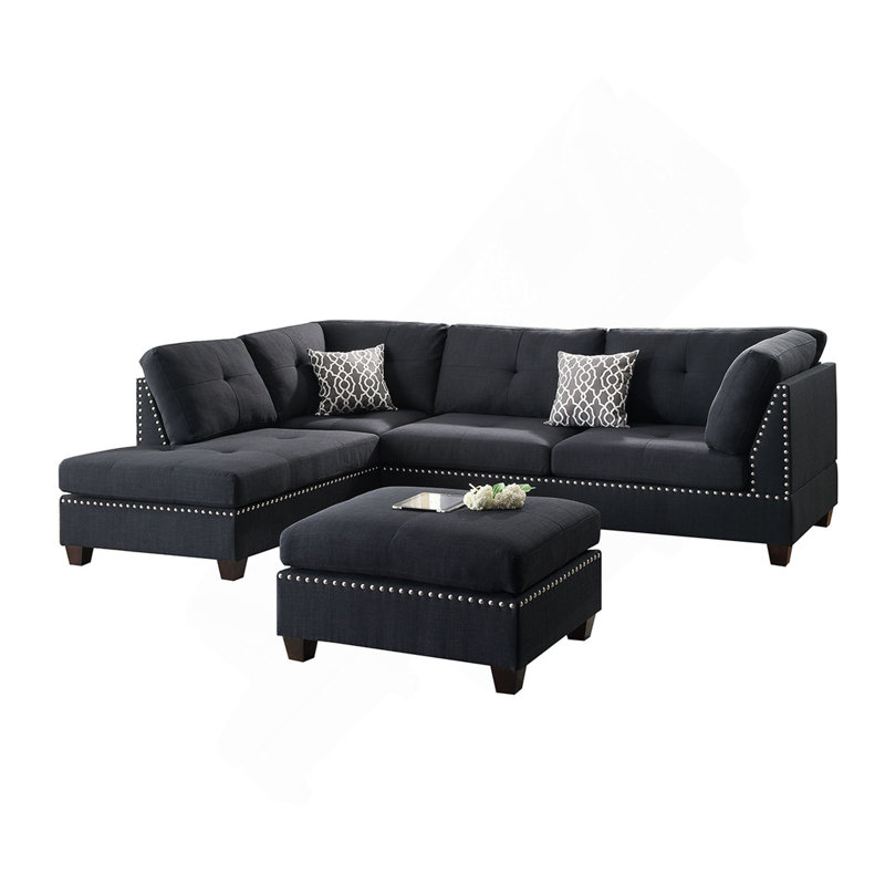 3 pièces Canapé modulaire en polyfibre noir avec méridienne réversible