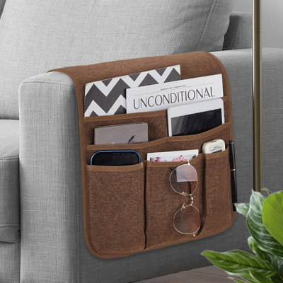 Support de télécommande pour fauteuil inclinable certifié GRS pour fauteuil inclinable, organisateur d'accoudoirs antidérapant en matériau recyclé avec 5 poches pour magazine, tablette, téléphone, iPad (brun)