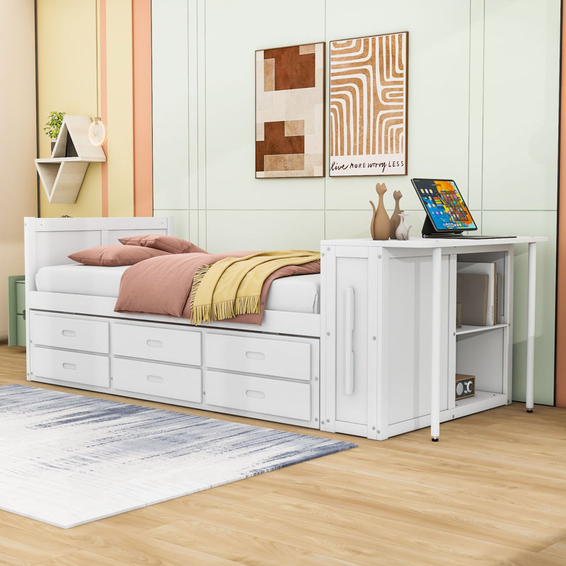 Lit plateforme simple en bois avec lit gigogne et bureau, White