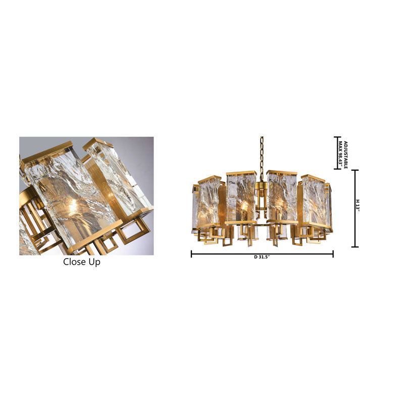 Transitional 12-Light Brass Metal Chandelier With Clear Crystal Plaques