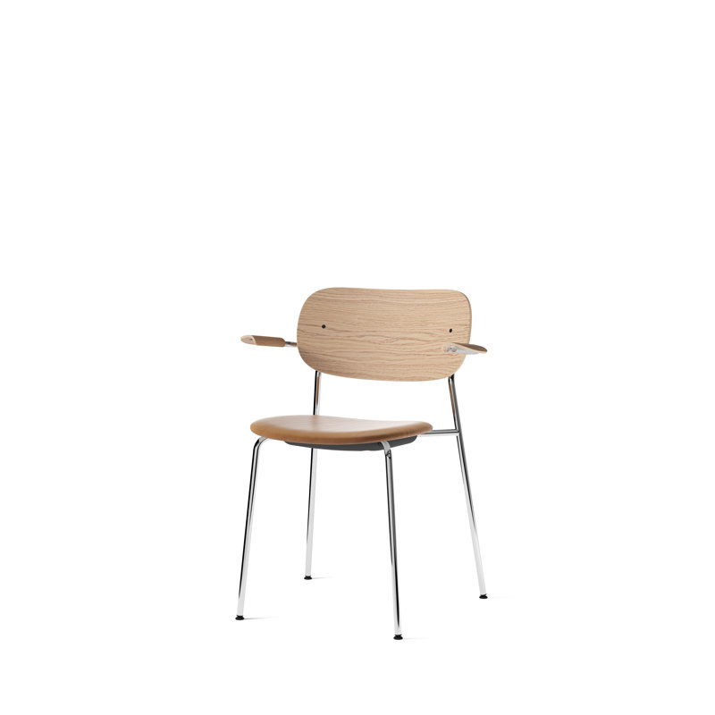 Co Upholstered Arm Chair, Natural Oak, Chrome, Brown Leather