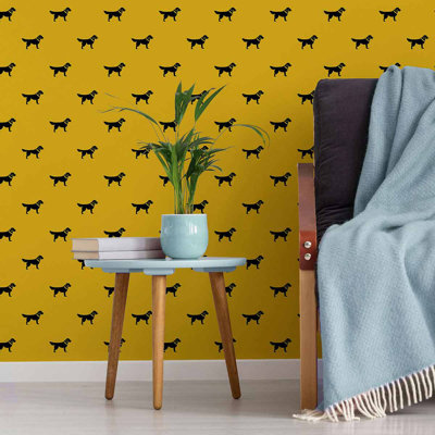 Petit papier peint adhésif Petit chien noir sur fond jaune