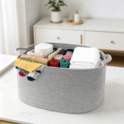 Large 96L Woven Rope Blanket Basket, Rectangle Storage Bin With Handles, Collapsible Laundry Basket For Toys, Clothes, Magazines, Home Organization For Living Room, Bedroom, Nursery