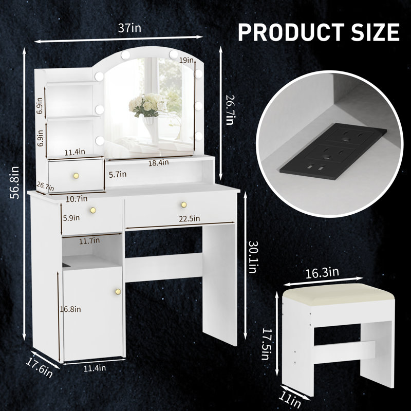 Dressing Table With Built-In Outlets And Led Lighted Mirror, White