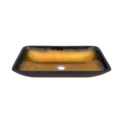 Bathroom Vessel Sink Above Counter Amber Gold Gradient Tempered Glass Bowl Square Sink for Bathroom, Tempered Glass Vessel Sink with Pop-up Drain