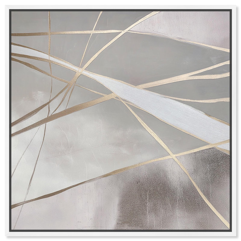 Abstrait minimaliste sur toile champagne et platine par Art Remedy, H 25 po x l 25 po x P 1,8 po, Cadre flottant blanc
