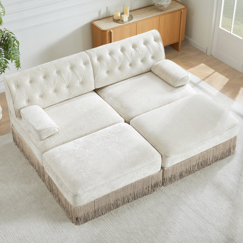 Velours beige à 2 places avec jupe à pampille, doux et chaud, base en bois, tissu confortable, design pour la maison