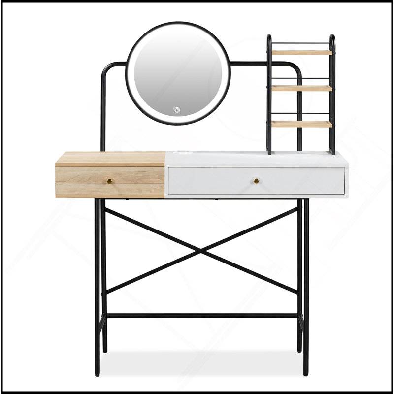 Meuble-lavabo de 40 po avec miroir lumineux 3 modes et station de recharge sans fil, coiffeuse avec tiroir et 3 tablettes ouvertes pour un grand espace de rangement, coiffeuse pour chambre à coucher