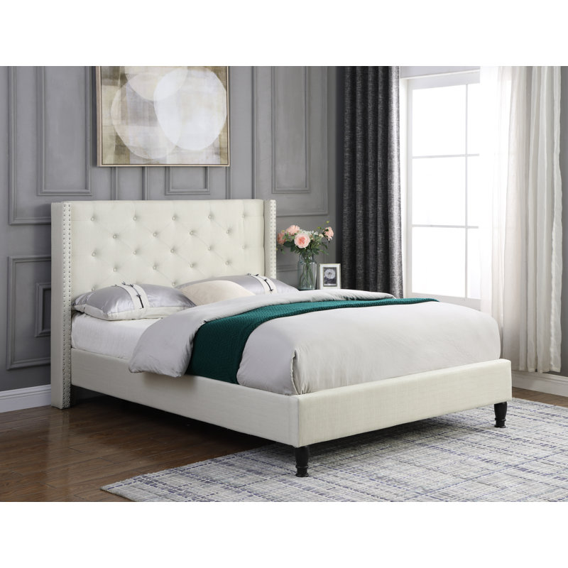 Upholstered Wingback Bed, Light Beige, Full