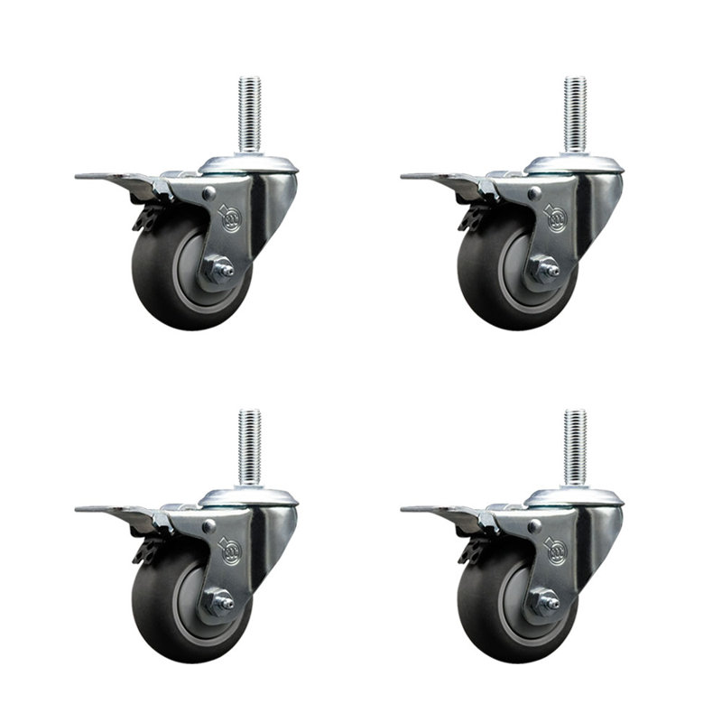 Rubber Swivel 3/4 Inch Threaded Stem Caster Set Total Lock Brake