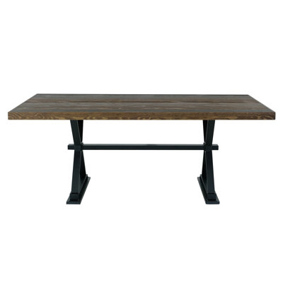 Table de salle à manger Tinaa, base en tréteaux industriels, bois de pin brun, 79 pouces