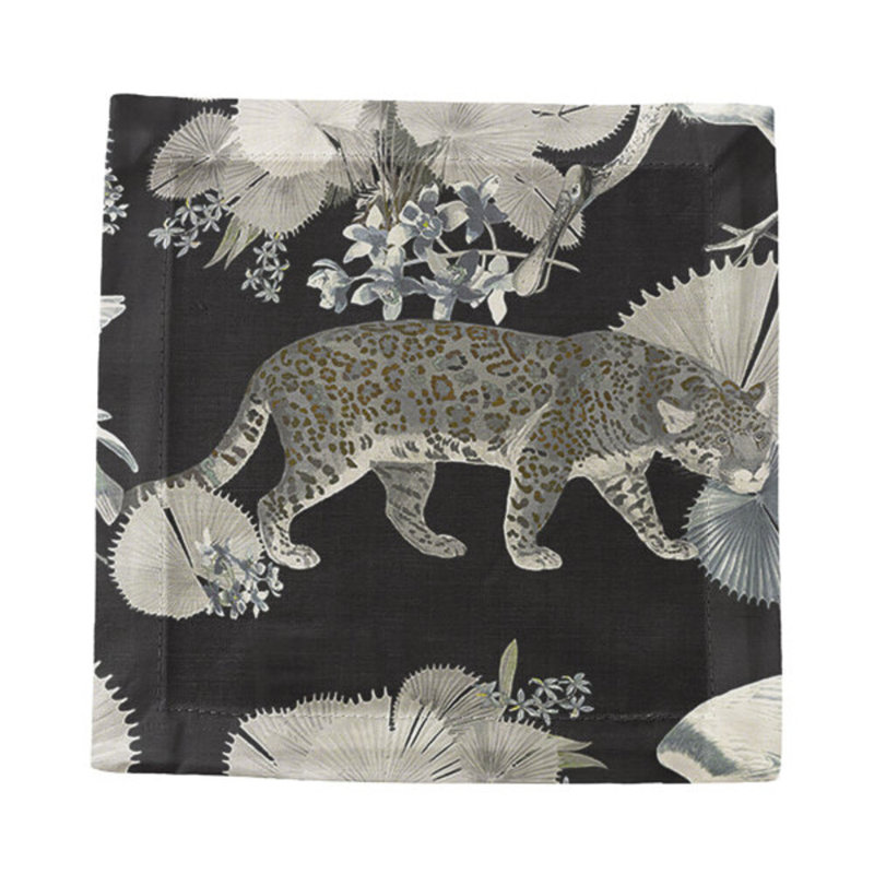 Leopard Walk Colorful Multi Cotton Sateen Cocktail Napkins, Black