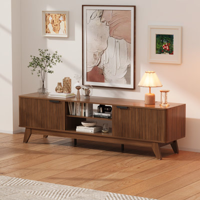 70" Fluted TV Stand, Media Console Table with Adjustable Shelves & Power Outlet, Mid-Century Modern Entertainment Center for Living Room, Walnut
