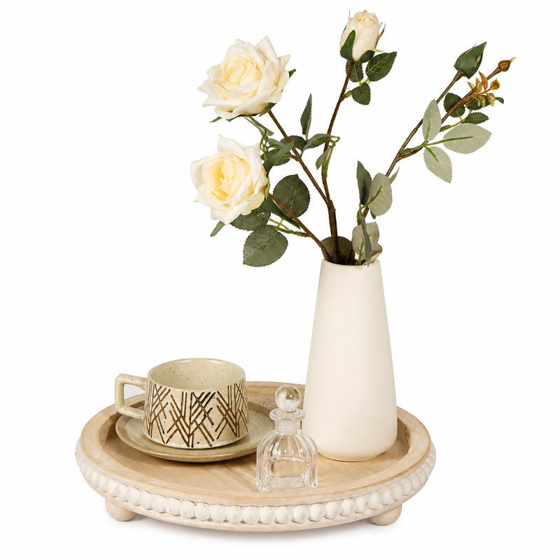 Round Distressed Beaded Wooden Decorative Tray, Light Brown