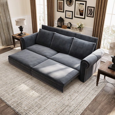 93.7" King - Size 31 Convertible Sleeper Grey Velvet With Comfortable Support And Modern Design Aesthetic Space Saving Feature